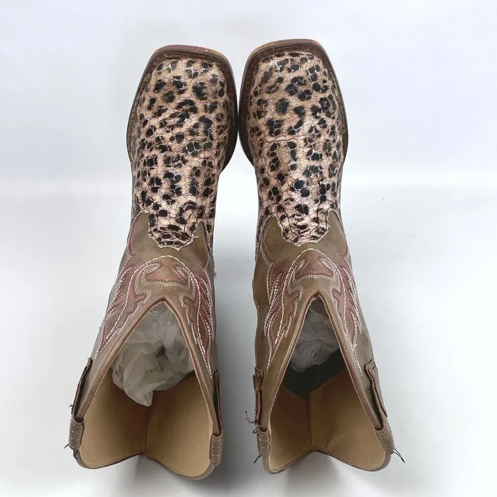 ROPER Little Kids Girls Size 3 Glitter Leopard Square Toe Western Cowboy Boots